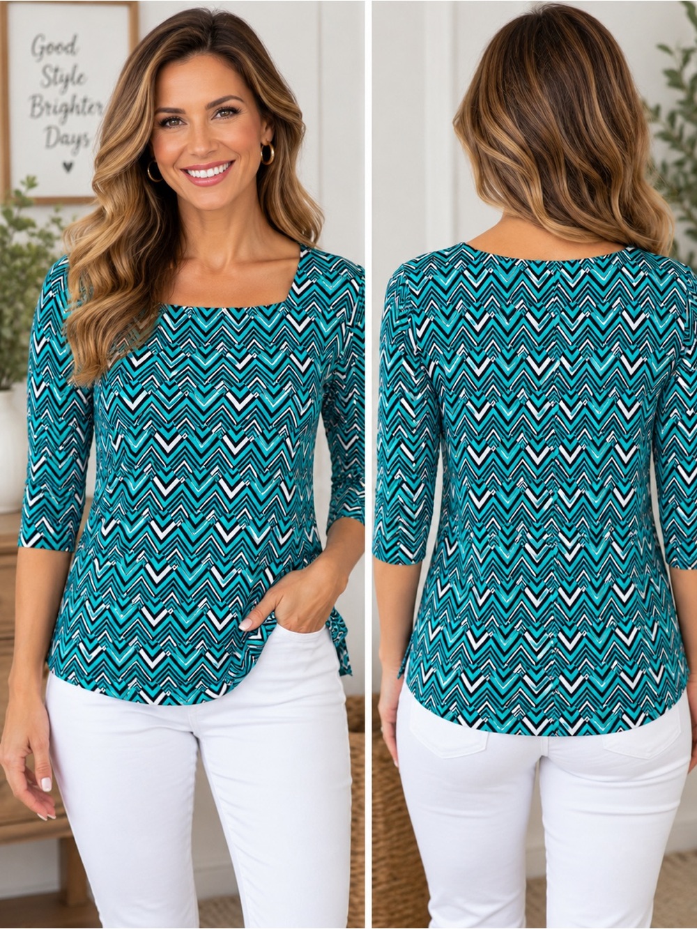 Kim Rogers Teal Chevron Square-Neck Long Sleeve Top Size Petite Med 100% Cotton